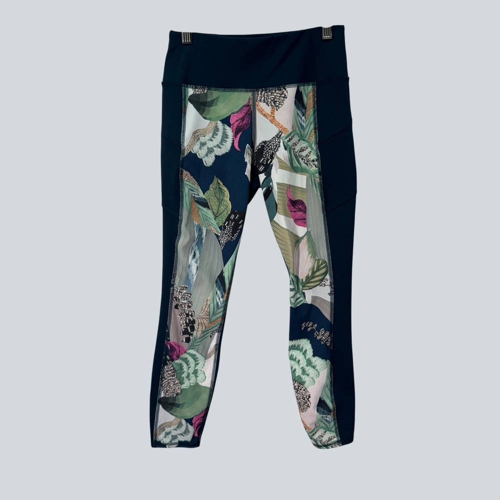 Athleta Leggings Womens XS Navy Floral Ankle Pockets Yoga Pants Athleisure